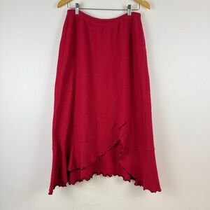 CHALET Women Red Cotton Ruffle Asymmetrical Midi Skirt Size XL Made in USA